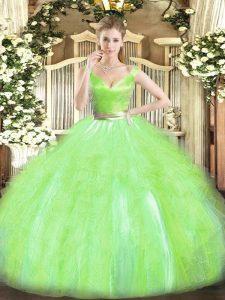 Simple Tulle V-neck Sleeveless Zipper Beading and Ruffles 15 Quinceanera Dress in Yellow Green