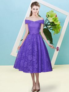 Glamorous Lavender Cap Sleeves Bowknot Tea Length Quinceanera Court Dresses