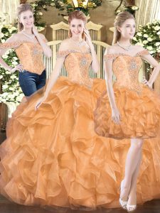 Latest Orange Red Sleeveless Organza Lace Up Quinceanera Gowns for Military Ball and Sweet 16 and Quinceanera