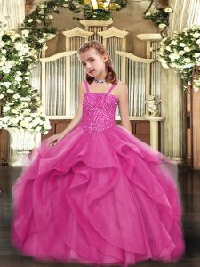 Unique Ball Gowns Little Girls Pageant Gowns Hot Pink Straps Organza Sleeveless Floor Length Lace Up