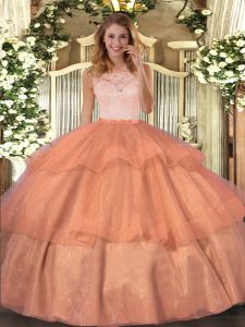 Sleeveless Organza Floor Length Clasp Handle Quinceanera Dresses in Orange with Lace and Ruffled Layers