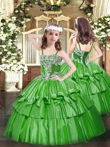 Floor Length Green Little Girls Pageant Gowns Organza Sleeveless Appliques and Ruffled Layers
