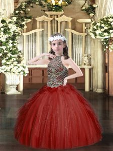Wine Red Tulle Lace Up Halter Top Sleeveless Floor Length Little Girls Pageant Dress Wholesale Beading and Ruffles