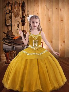 Attractive Gold Ball Gowns Embroidery Child Pageant Dress Lace Up Organza Sleeveless Floor Length