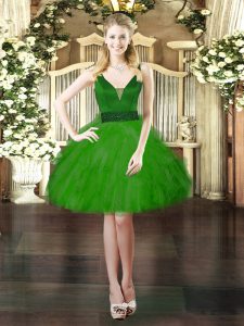Modern Green Ball Gowns Beading and Ruffles Prom Dress Lace Up Tulle Sleeveless Mini Length