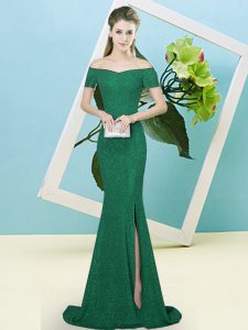 Super Dark Green Mermaid Sequined Off The Shoulder Short Sleeves Sequins Zipper Prom Dresses Sweep Train