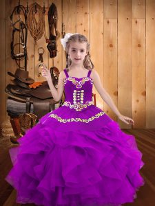 Purple Straps Neckline Embroidery and Ruffles Kids Pageant Dress Sleeveless Lace Up