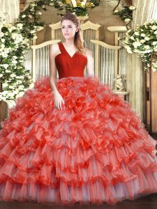 Great Coral Red Organza Zipper Quinceanera Gown Sleeveless Floor Length Ruffled Layers