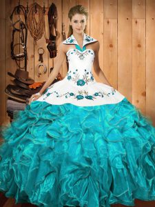 Exquisite Floor Length Ball Gowns Sleeveless Aqua Blue Quinceanera Dress Lace Up