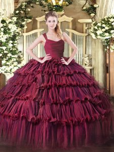 Nice Sleeveless Organza Floor Length Zipper Quinceanera Dress in Burgundy with Ruffled Layers
