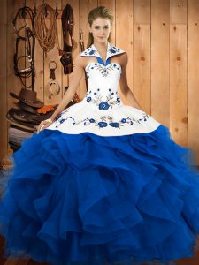 Floor Length Blue Ball Gown Prom Dress Tulle Sleeveless Embroidery and Ruffles