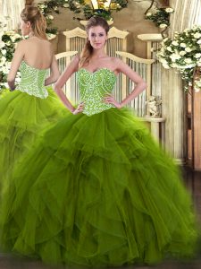 Sleeveless Organza Floor Length Lace Up 15 Quinceanera Dress in Olive Green with Beading and Ruffles