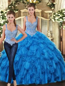 Floor Length Teal Quinceanera Gown Tulle Sleeveless Beading and Ruffles