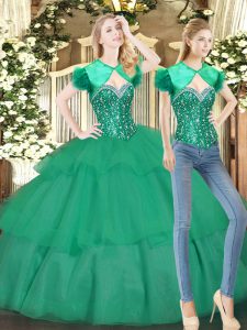 Super Turquoise Ball Gowns Tulle Sweetheart Sleeveless Beading and Ruffled Layers Floor Length Lace Up Ball Gown Prom Dr