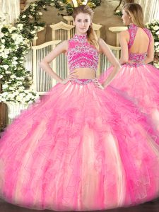 Smart Watermelon Red and Rose Pink High-neck Backless Beading and Ruffles Sweet 16 Quinceanera Dress Sleeveless
