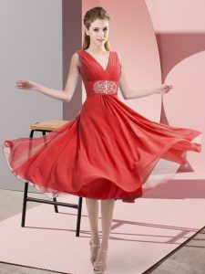 Sophisticated Coral Red Chiffon Side Zipper Bridesmaid Gown Sleeveless Knee Length Beading