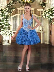Gorgeous Blue Sleeveless Mini Length Beading and Ruffles Lace Up Homecoming Dress