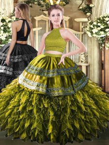 Latest Olive Green Satin and Organza Backless 15th Birthday Dress Sleeveless Floor Length Beading and Embroidery and Ruf