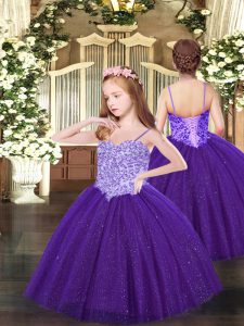 Purple Lace Up Spaghetti Straps Appliques Pageant Gowns For Girls Tulle Sleeveless