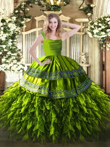 Custom Design Olive Green Organza Zipper Ball Gown Prom Dress Sleeveless Floor Length Beading and Lace and Ruffles
