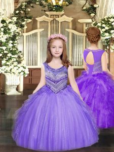 Lavender Tulle Lace Up Scoop Sleeveless Floor Length Pageant Dresses Beading and Ruffles