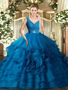 Stylish Blue Sleeveless Beading and Ruffles Floor Length Quince Ball Gowns