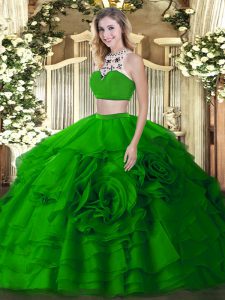 Green Tulle Backless Quinceanera Gowns Sleeveless Floor Length Beading and Ruffled Layers