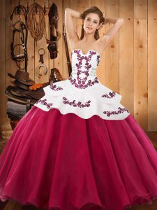 Romantic Strapless Sleeveless Vestidos de Quinceanera Floor Length Embroidery Hot Pink Satin and Organza