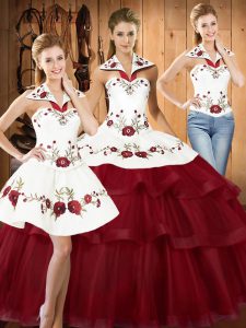 Trendy Satin and Organza Sleeveless With Train 15th Birthday Dress Sweep Train and Embroidery and Ruffled Layers