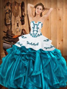 Strapless Sleeveless Satin and Organza Quinceanera Dress Embroidery and Ruffles Lace Up