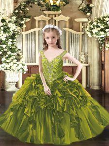 Excellent Olive Green Organza Lace Up High School Pageant Dress Sleeveless Floor Length Beading and Ruffles