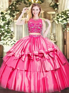 Most Popular Hot Pink Tulle Zipper Scoop Sleeveless Floor Length 15 Quinceanera Dress Beading and Ruffled Layers