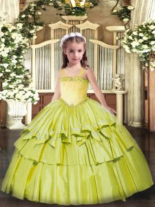 Floor Length Lace Up Pageant Dress Olive Green for Party and Quinceanera with Appliques and Ruffled Layers