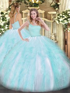 Luxurious Floor Length Aqua Blue Ball Gown Prom Dress Straps Sleeveless Zipper