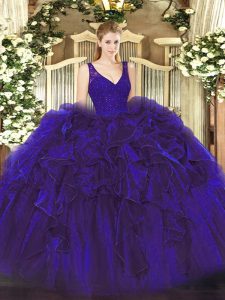 Sleeveless Floor Length Beading and Ruffles Zipper 15th Birthday Dress with Purple