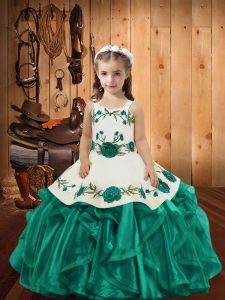 Teal Lace Up Straps Embroidery and Ruffles Little Girl Pageant Dress Organza Sleeveless