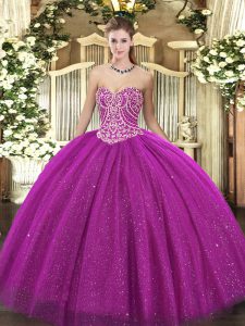 Fuchsia Ball Gowns Sweetheart Sleeveless Tulle Floor Length Lace Up Beading Quinceanera Dress
