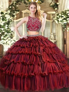 Exquisite Burgundy Sleeveless Beading and Ruffled Layers Floor Length 15th Birthday Dress