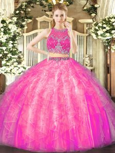 Fine Sleeveless Tulle Floor Length Zipper 15 Quinceanera Dress in Fuchsia with Beading and Ruffles