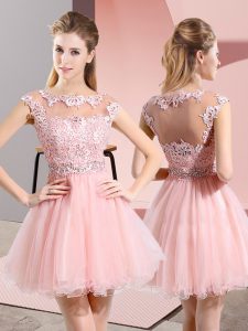 Baby Pink Sleeveless Knee Length Beading and Lace Side Zipper Bridesmaids Dress
