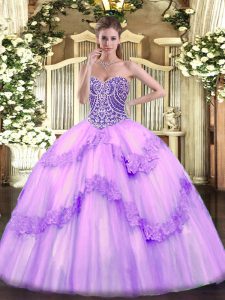 Amazing Floor Length Lavender 15 Quinceanera Dress Tulle Sleeveless Beading and Appliques