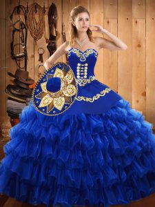Amazing Tulle Sweetheart Sleeveless Lace Up Embroidery and Ruffled Layers Sweet 16 Dresses in Blue
