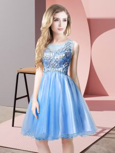 Baby Blue Tulle Zipper Prom Dress Sleeveless Knee Length Beading