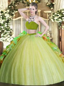 Luxury Olive Green Two Pieces Tulle High-neck Sleeveless Beading and Ruffles Floor Length Backless Vestidos de Quinceane