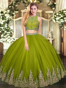 Olive Green Zipper Quince Ball Gowns Beading and Appliques Sleeveless Floor Length