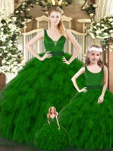 Pretty Sleeveless Floor Length Ruffles Zipper Quince Ball Gowns with Green