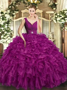 Fuchsia Sleeveless Organza Backless Quinceanera Dresses for Sweet 16 and Quinceanera