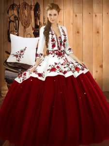Adorable Floor Length Lace Up Quince Ball Gowns Wine Red for Military Ball and Sweet 16 and Quinceanera with Embroidery
