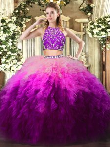 Multi-color High-neck Zipper Beading and Ruffles Quinceanera Gowns Sleeveless