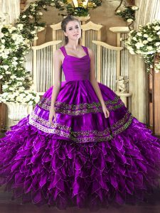 Affordable Purple Ball Gowns Organza Straps Sleeveless Appliques and Ruffles Floor Length Zipper Sweet 16 Dresses